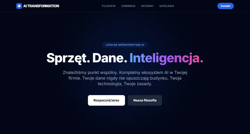 Strona od Gemma 4 26B: granatowe tło, napis Inteligencja w gradiencie od niebieskiego do różowego