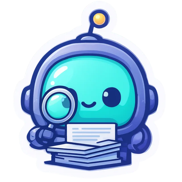 Naklejka: turkusowy robot z lupą nad stosem dokumentów